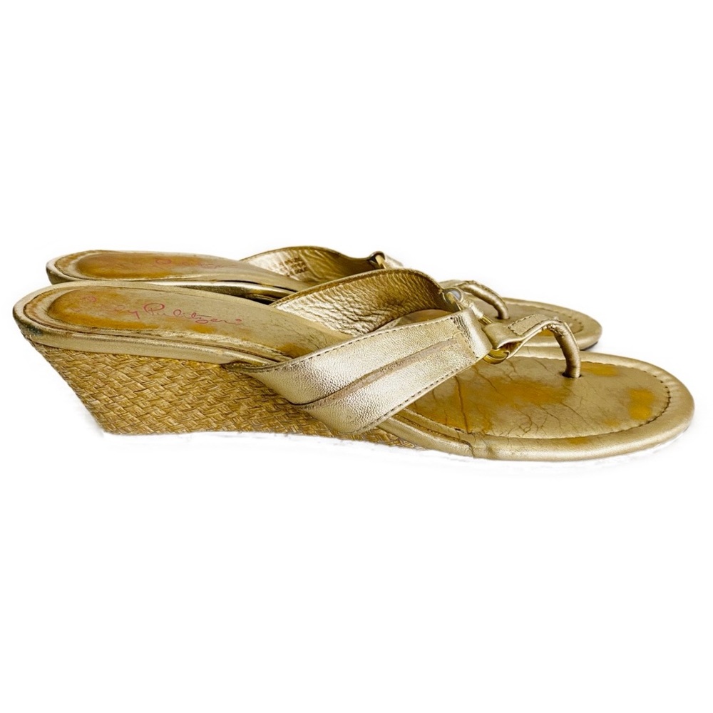 Lilly Pulitzer McKim Gold Leather Wedge Sandals 9 M Thong